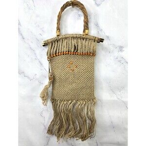 Vintage 60s Macrame Jute Tote Handbag Woven Beads Fringe Shopper Folk Peasant